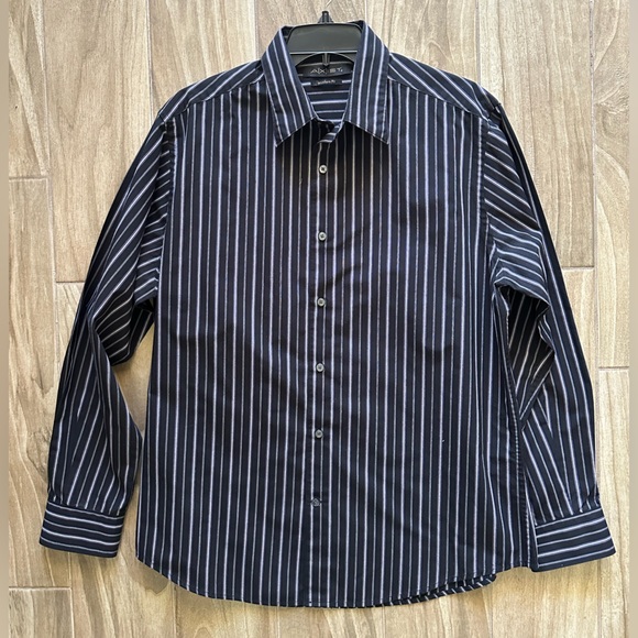 Axist Men’s Black Grey Striped Long Sleeve Button Down Dress Shirt L - Picture 1 of 4